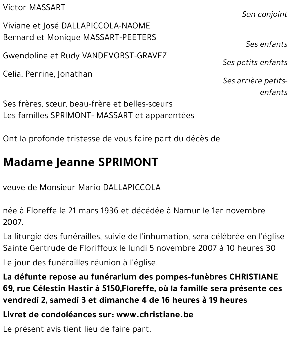 Avis De D C S De Jeanne Sprimont D C D Le Namur Annonce