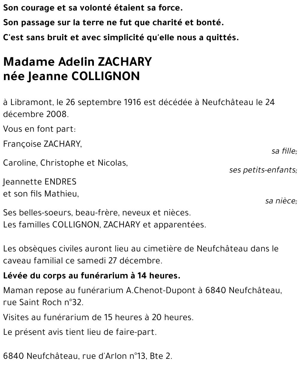 Avis de décès de Jeanne COLLIGNON décédé le 24 12 2008 à Neufchâteau