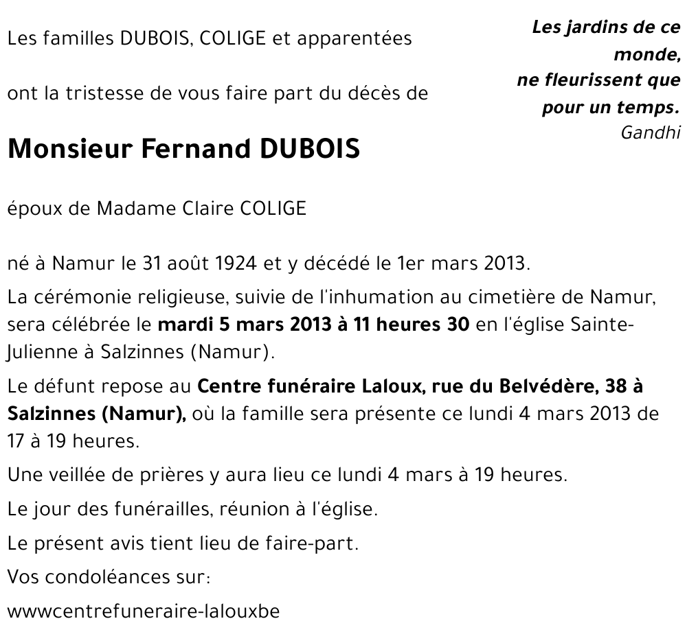 Avis de décès de Fernand DUBOIS décédé le 01 03 2013 à Namur annonce