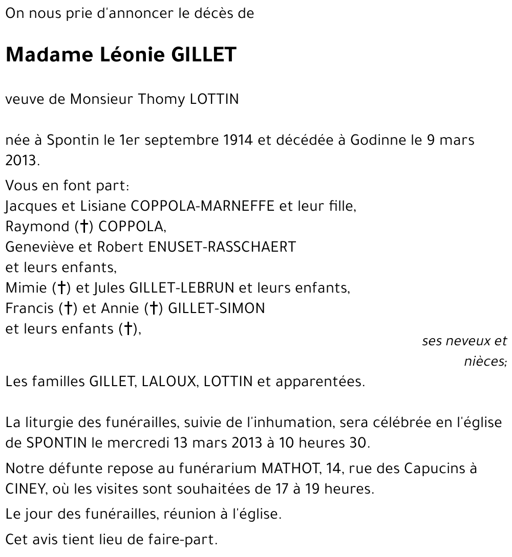 Avis De D C S De L Onie Gillet D C D Le Godinne Annonce