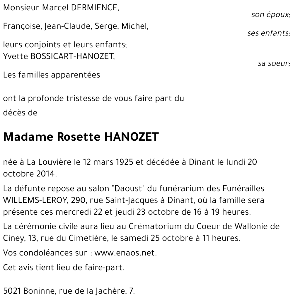 Avis de décès de Rosette HANOZET décédé le 20 10 2014 à Dinant