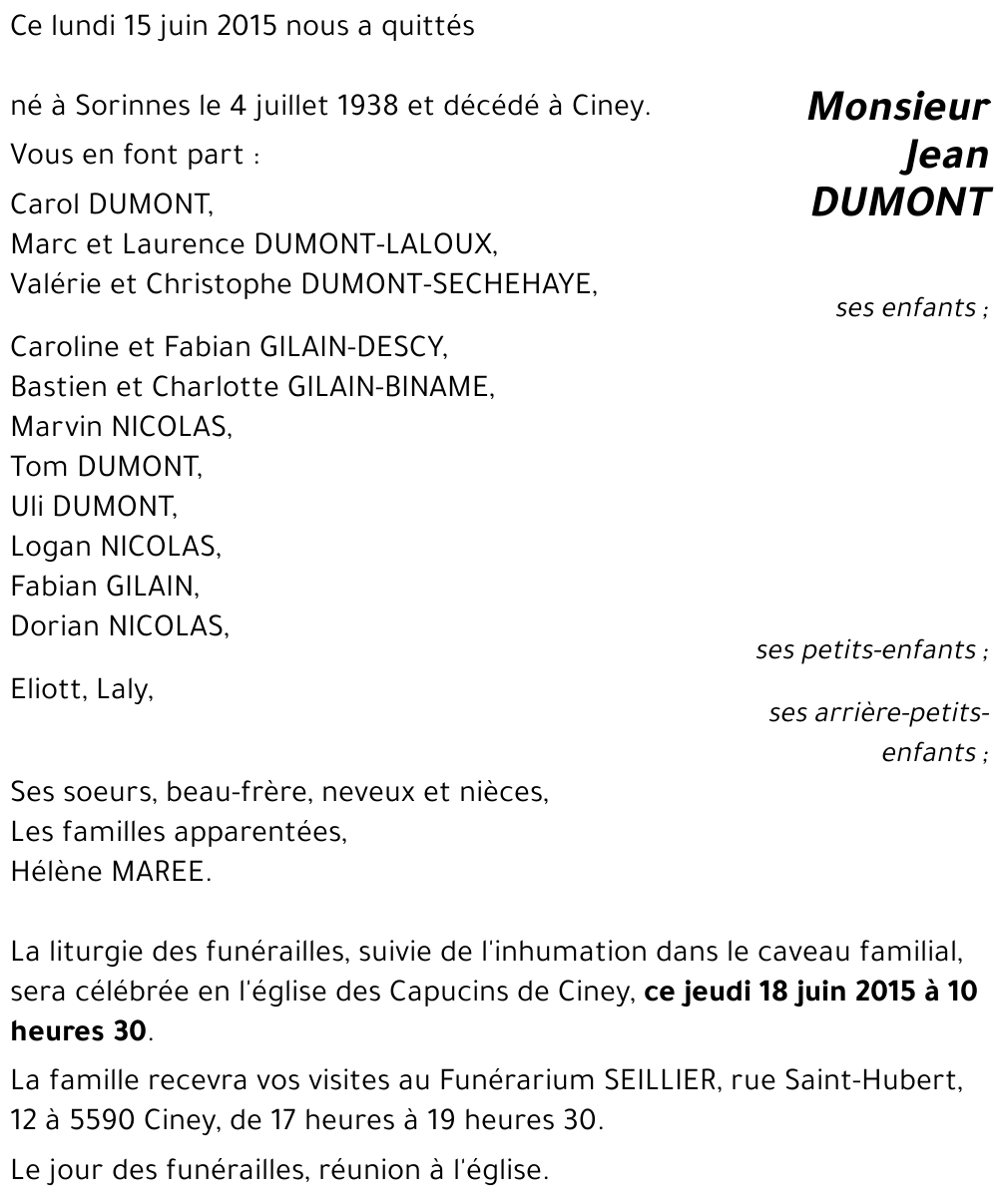 Avis de décès de Jean DUMONT décédé le 15 06 2015 à Ciney annonce