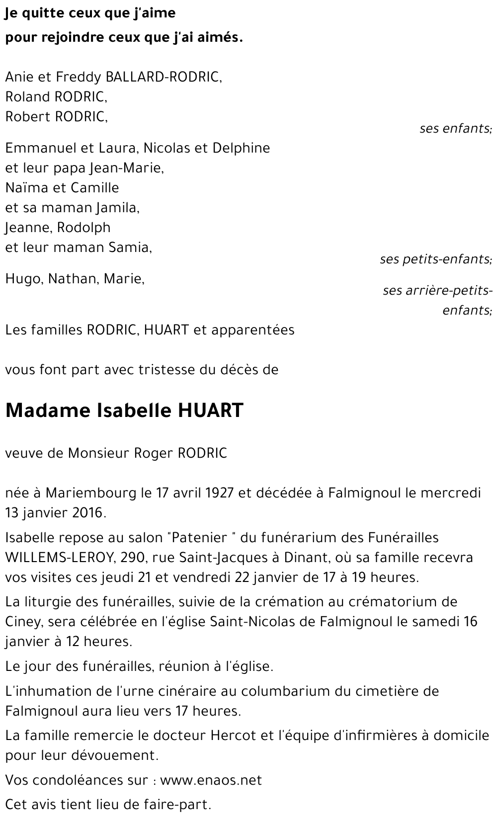 Avis de décès de Isabelle HUART décédé le 13 01 2016 à Falmignoul