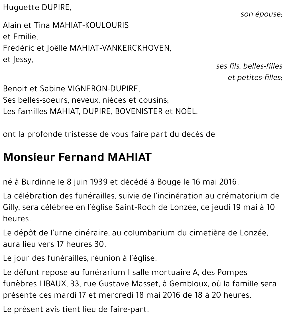 Avis de décès de Fernand MAHIAT décédé le 16 05 2016 à Bouge annonce