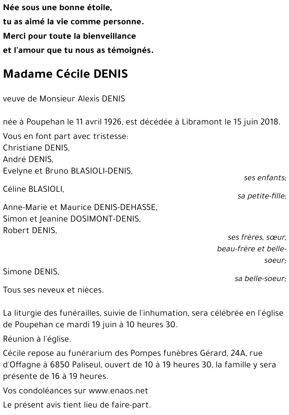 Avis de décès de Cécile DENIS décédé le 15 06 2018 à Libramont Chevigny