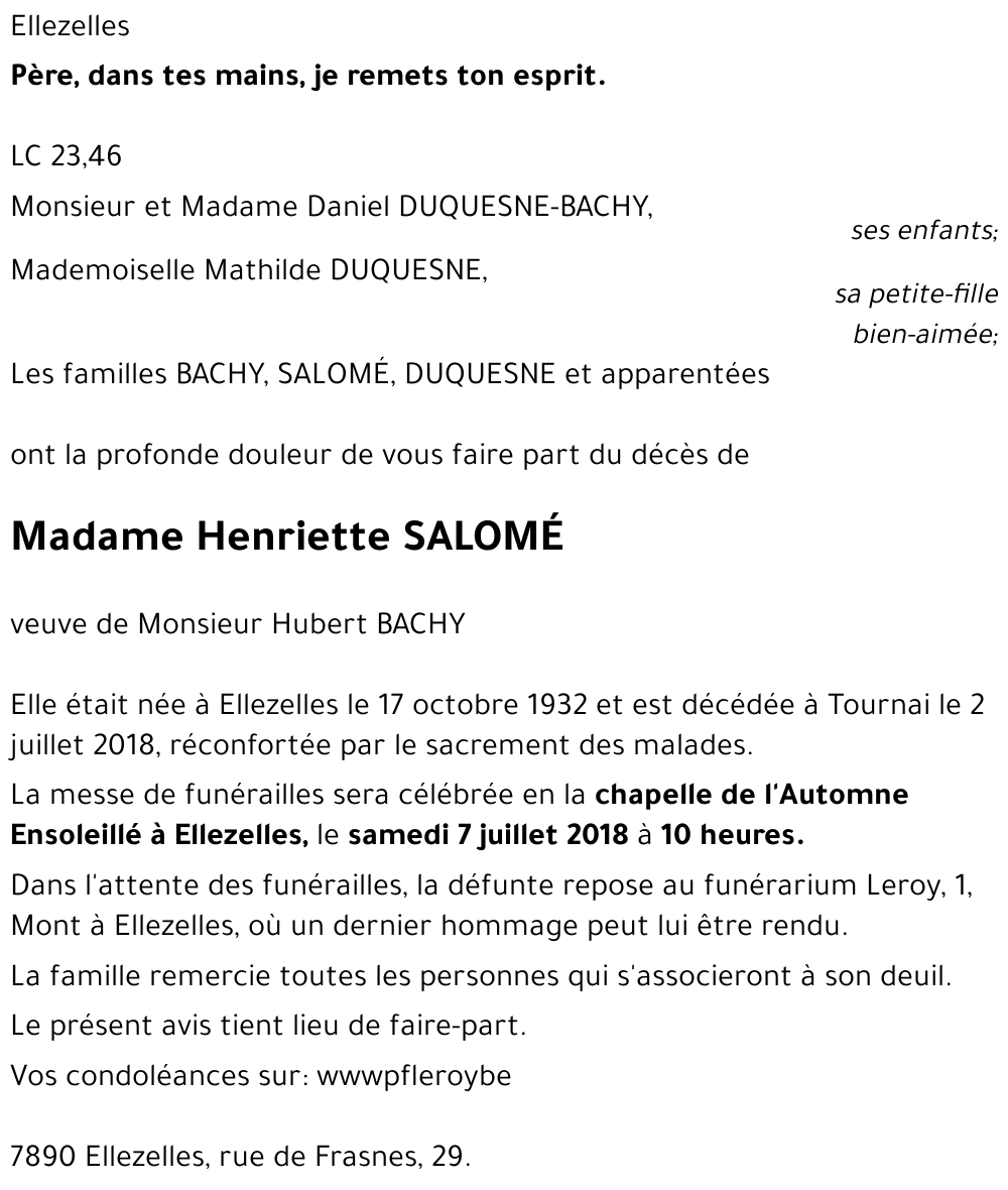 Avis de décès de Henriette Salomé décédé le 02 07 2018 à Tournai