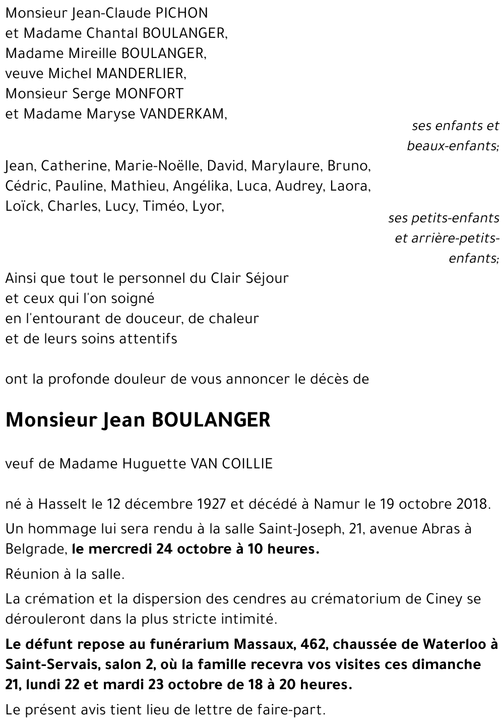 Avis de décès de Jean BOULANGER décédé le 19 10 2018 à Namur annonce