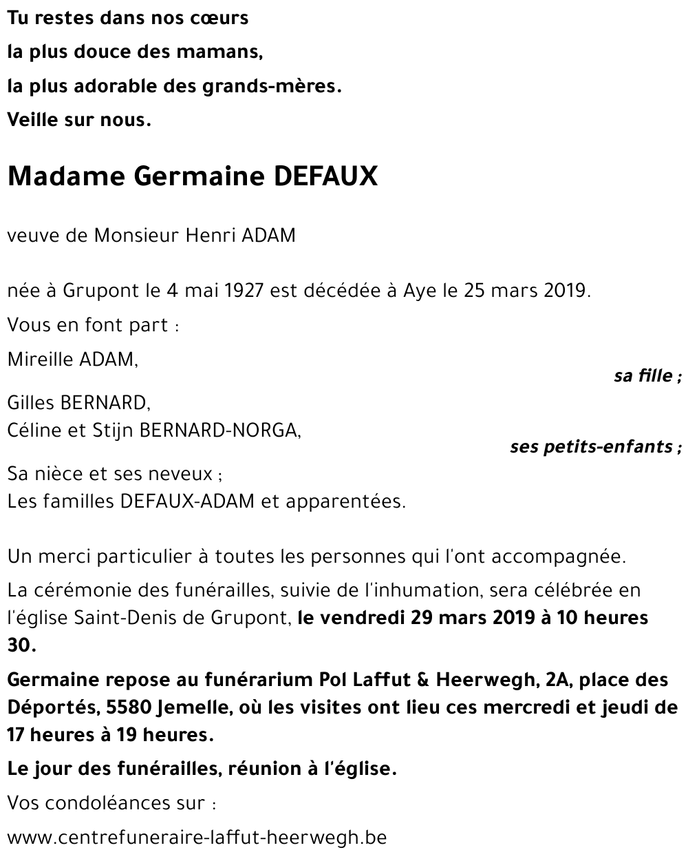 Avis de décès de Germaine DEFAUX décédé le 25 03 2019 à Aye annonce