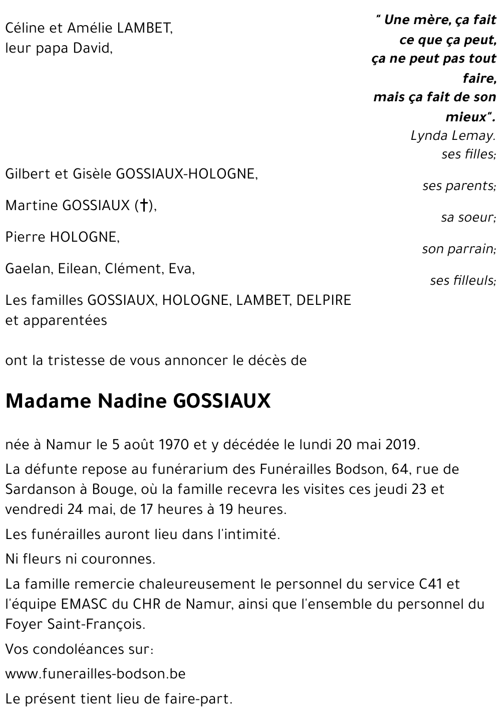 Avis de décès de Nadine GOSSIAUX décédé le 20 05 2019 à Namur annonce