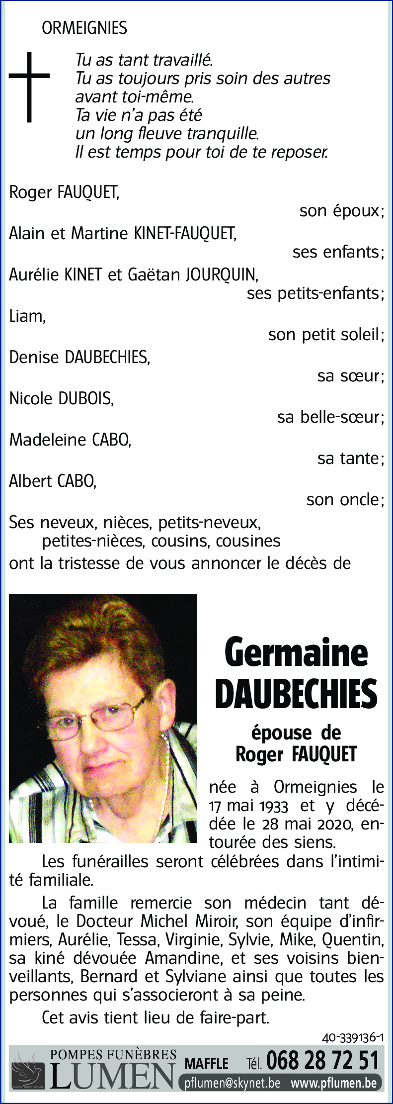 Avis de décès de Germaine DAUBECHIES décédé le 28 05 2020 à Ormeignies