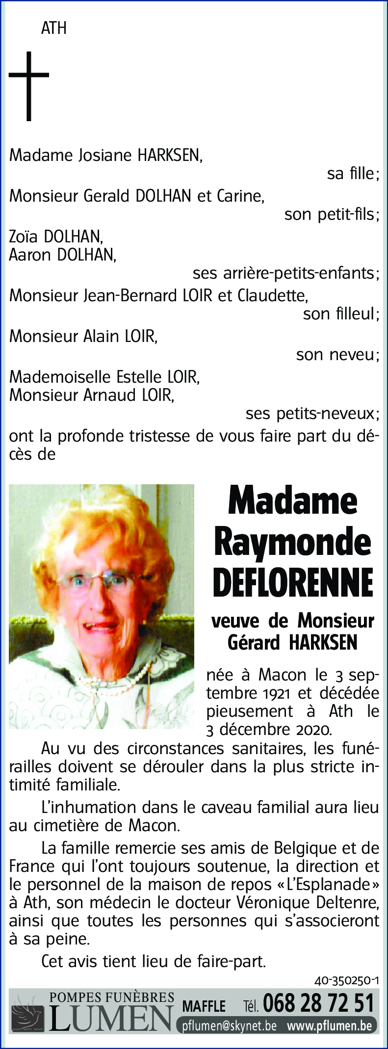 Avis de décès de Raymonde DEFLORENNE décédé le 03 12 2020 à Ath