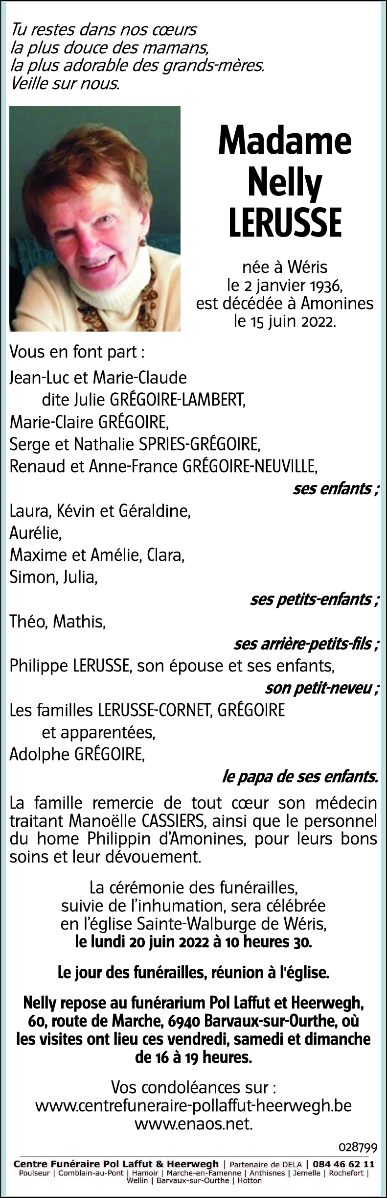 Avis de décès de Nelly LERUSSE décédé le 15 06 2022 à Amonines