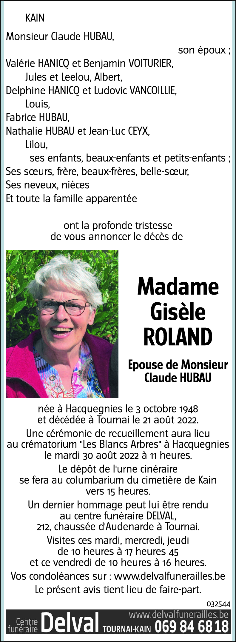 Avis de décès de Gisèle ROLAND décédé le 21 08 2022 à Tournai annonce