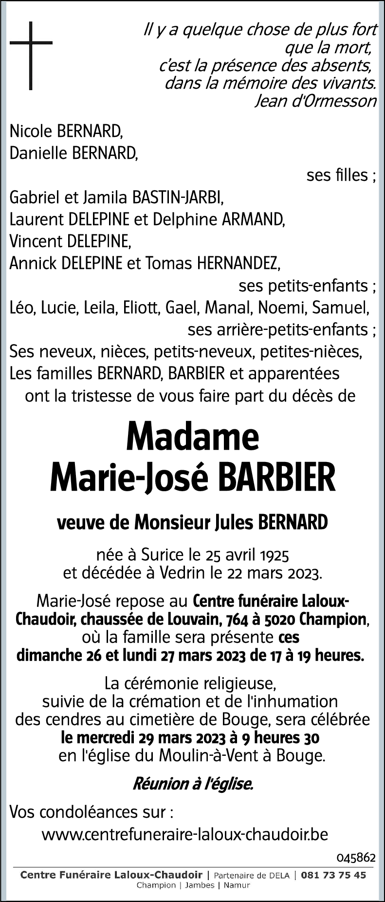 Avis de décès de Marie José BARBIER décédé le 22 03 2023 à Vedrin