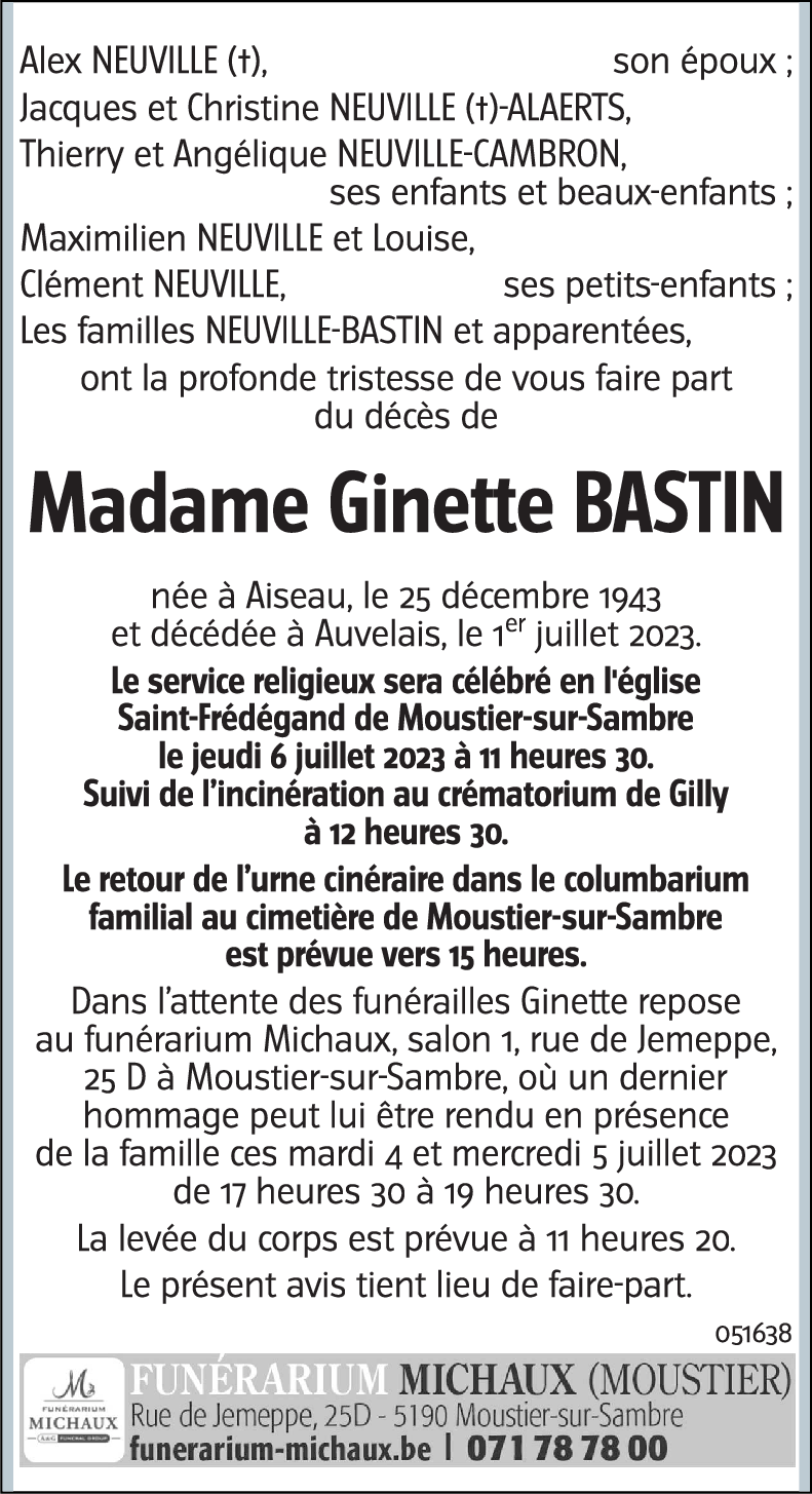 Avis de décès de Ginette Bastin décédé le 01 07 2023 à Auvelais