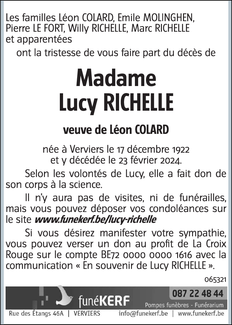 Avis de décès de Lucy RICHELLE décédé le 23 02 2024 à Verviers