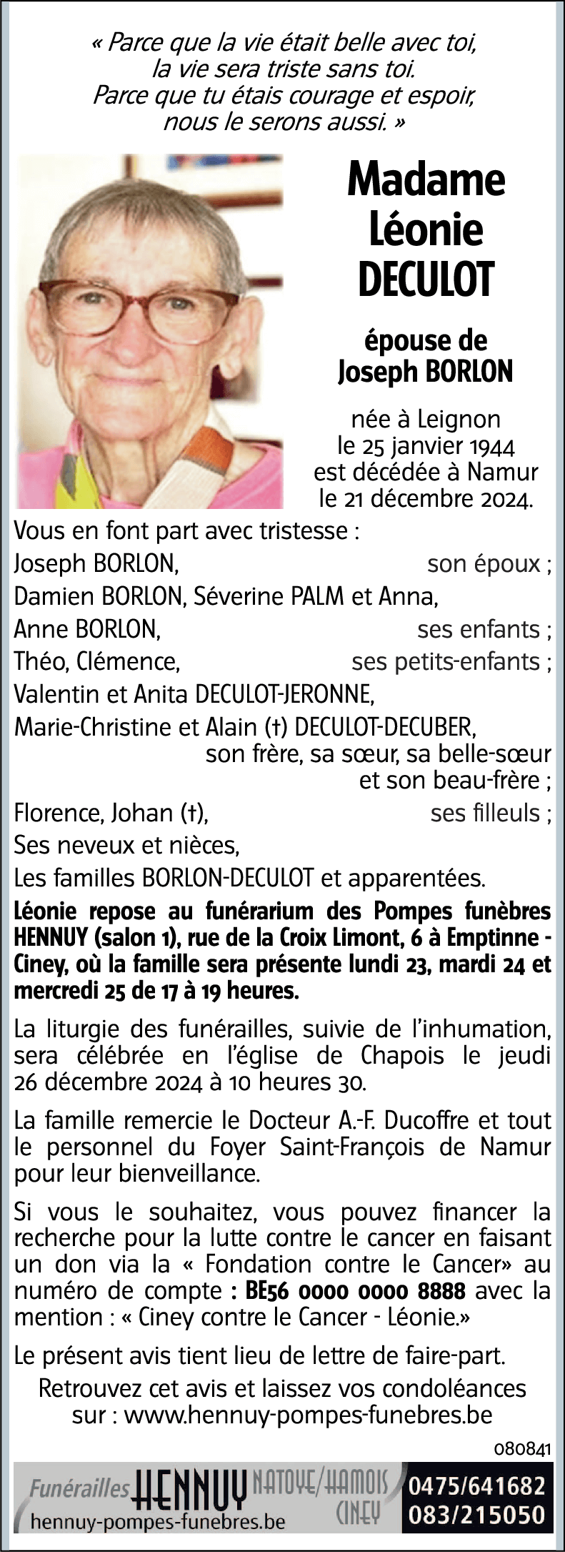 Avis de décès de Léonie DECULOT décédé le 21 12 2024 à Namur annonce