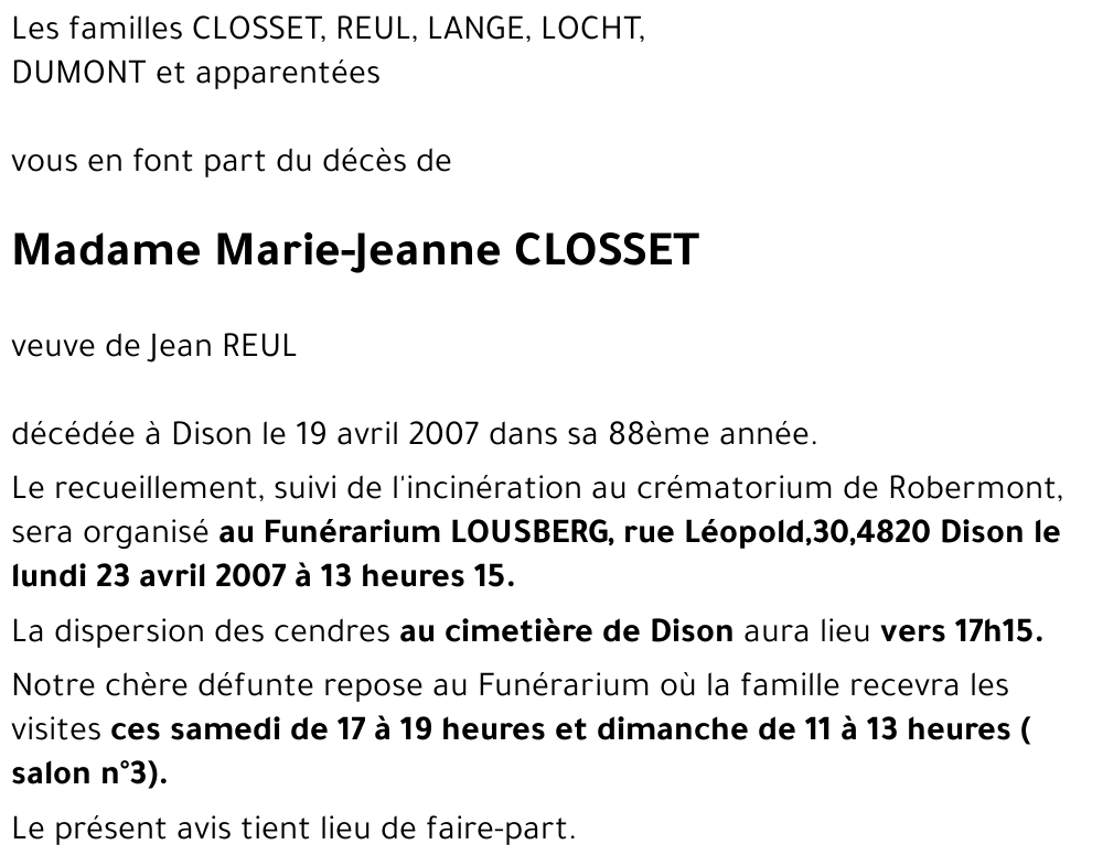 Marie-Jeanne CLOSSET