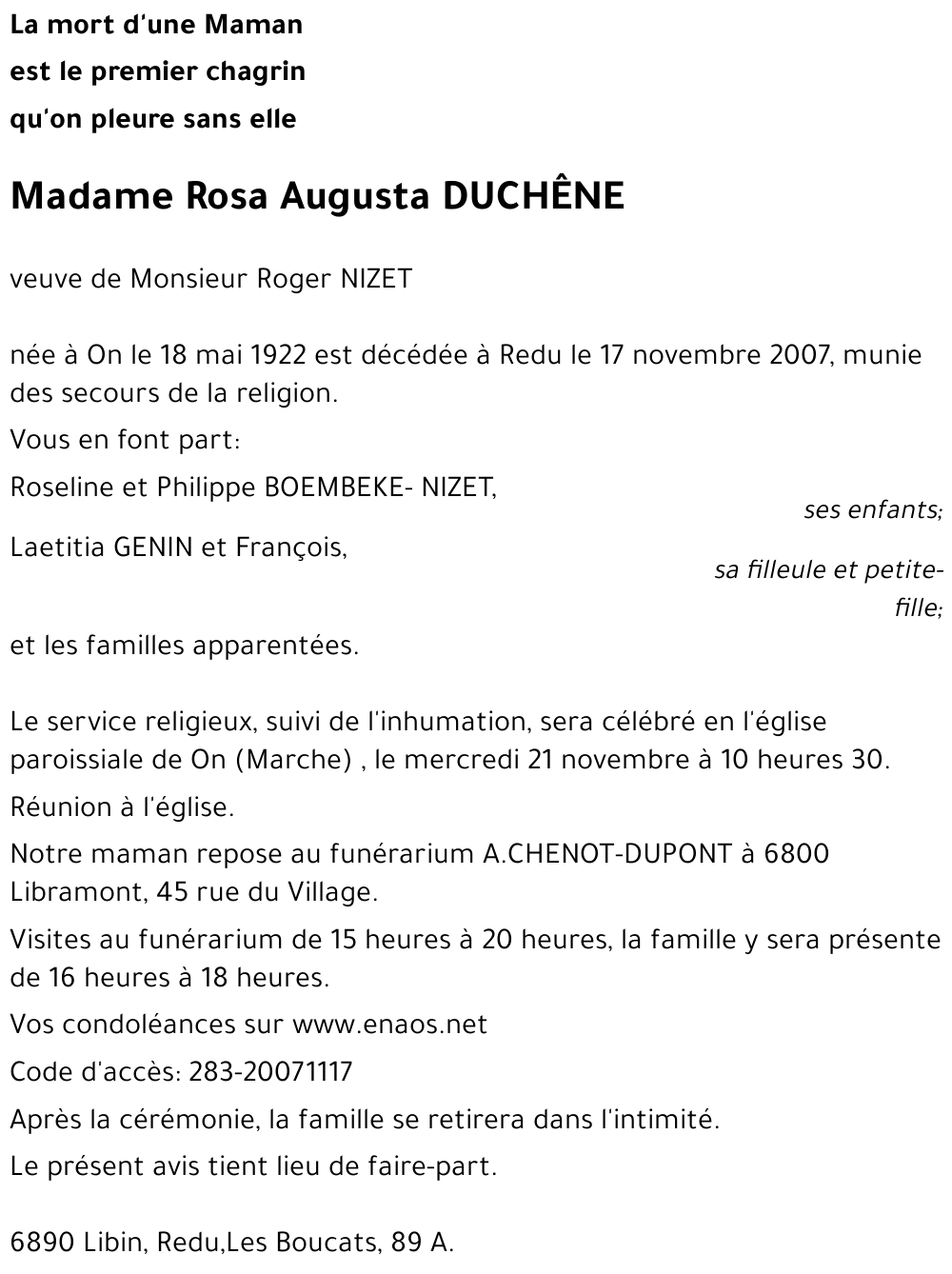 Rosa Augusta DUCHÊNE