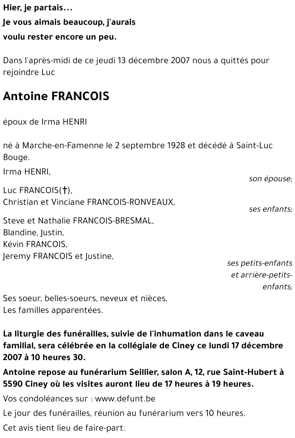 Avis de décès de Antoine FRANCOIS décédé le 13/12/2007 à Bouge ...