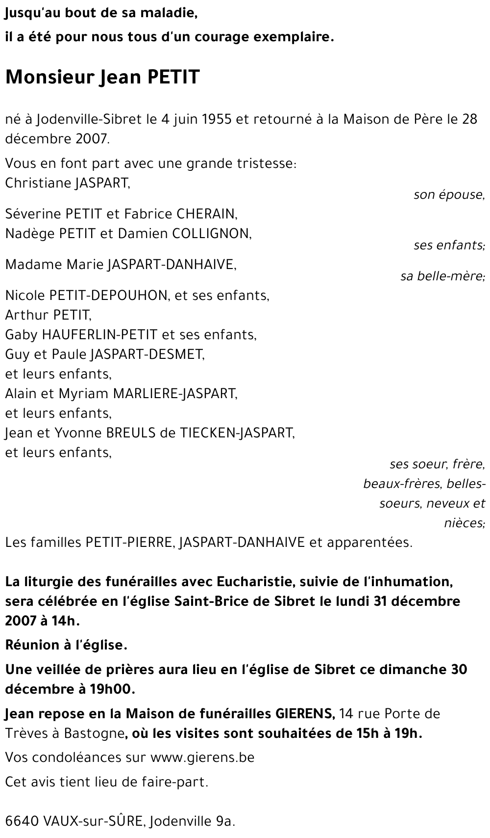 Avis de décès de Jean PETIT décédé le 28/12/2007 à : annonce ...