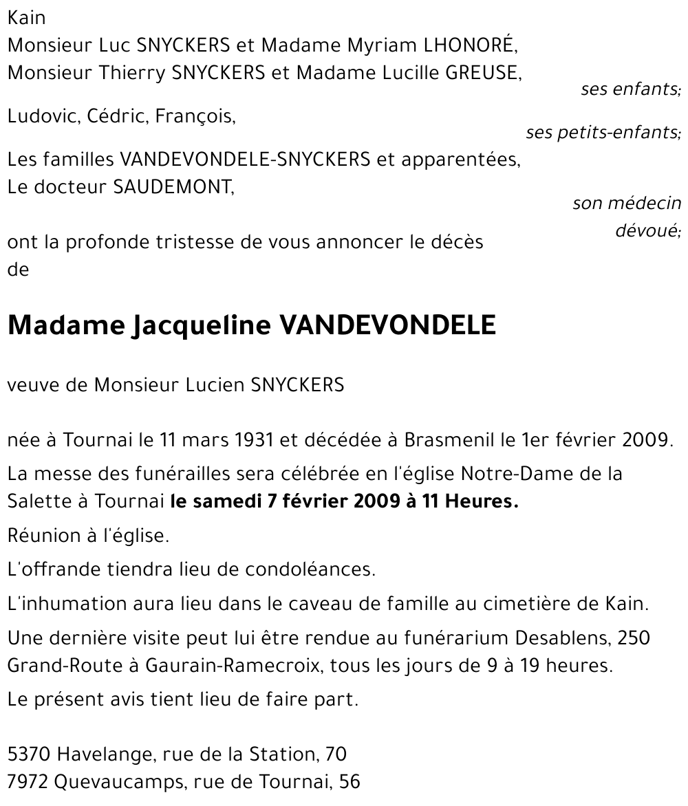 Jacqueline VANDEVONDELE