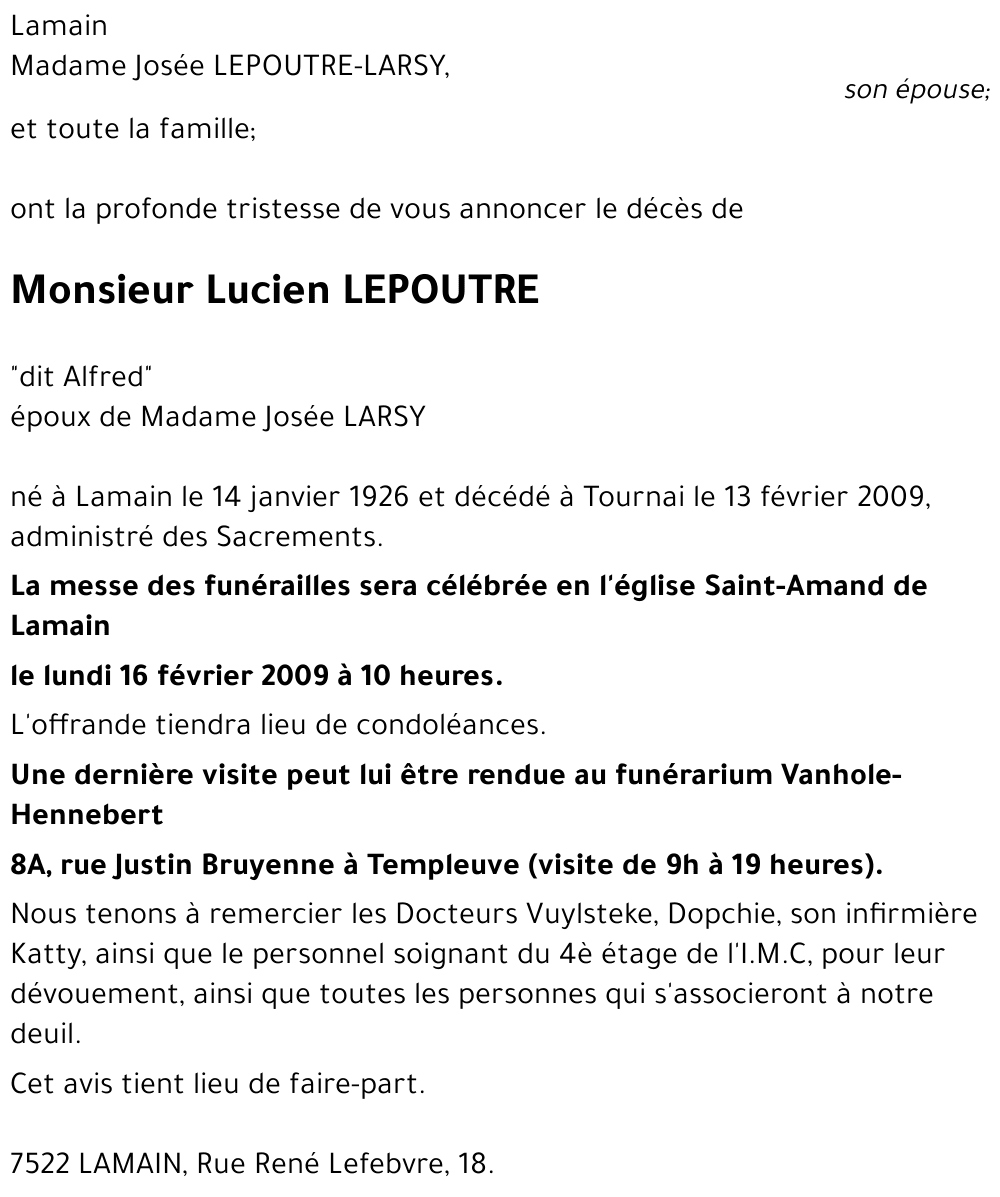 Avis De Décès De Lucien Lepoutre Décédé Le 13 02 2009 à Tournai