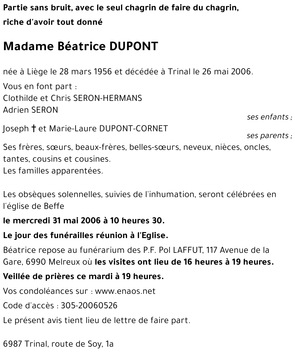 Avis de d c s de B atrice DUPONT d c d le 26 05 2006 annonce