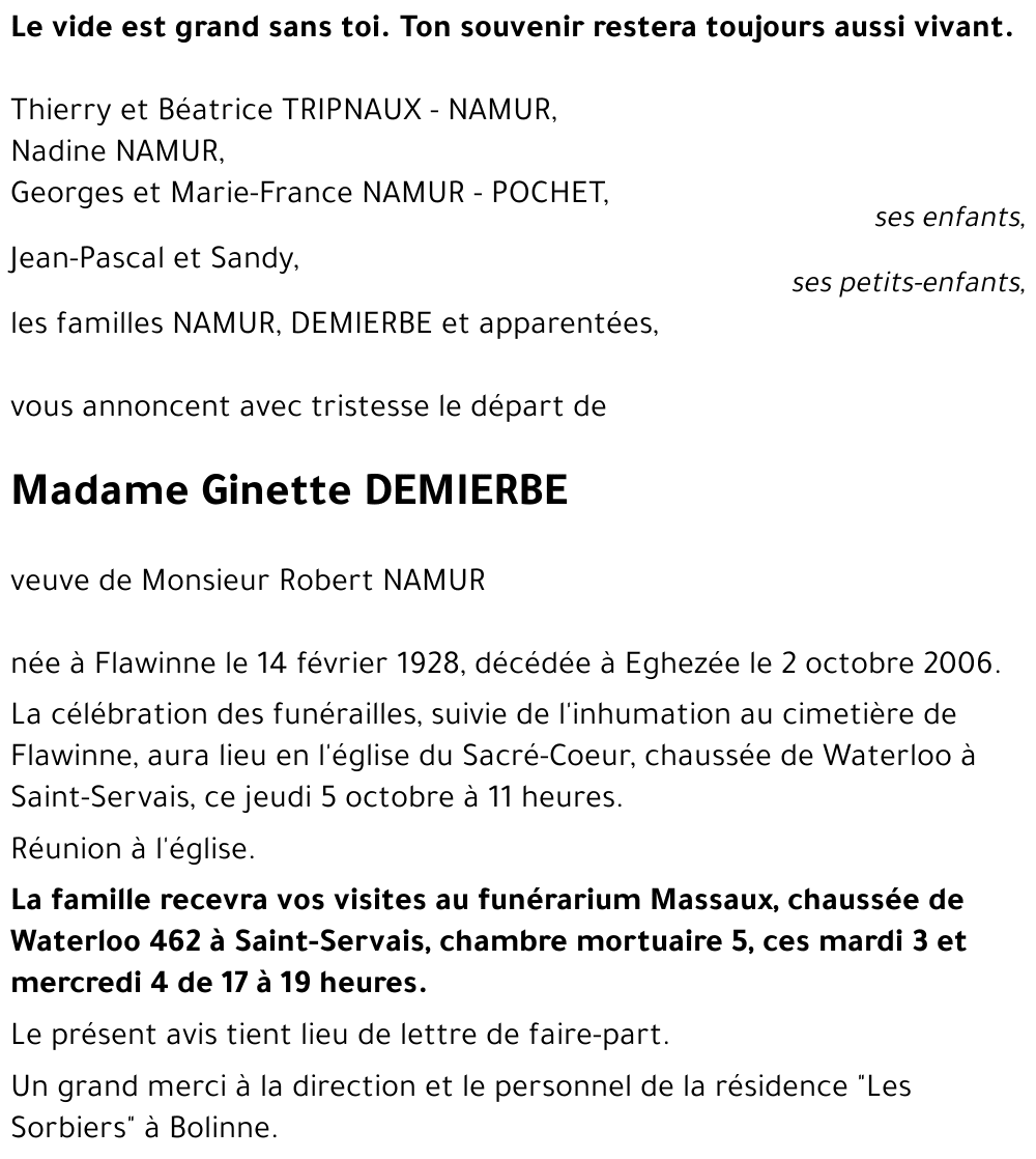 Avis de décès de Ginette DEMIERBE décédé le 02/10/2006 à Bolinne ...