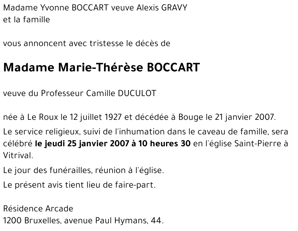 Avis de décès de Marie-Thérèse BOCCART décédé le 21/01/2007 à Bouge ...