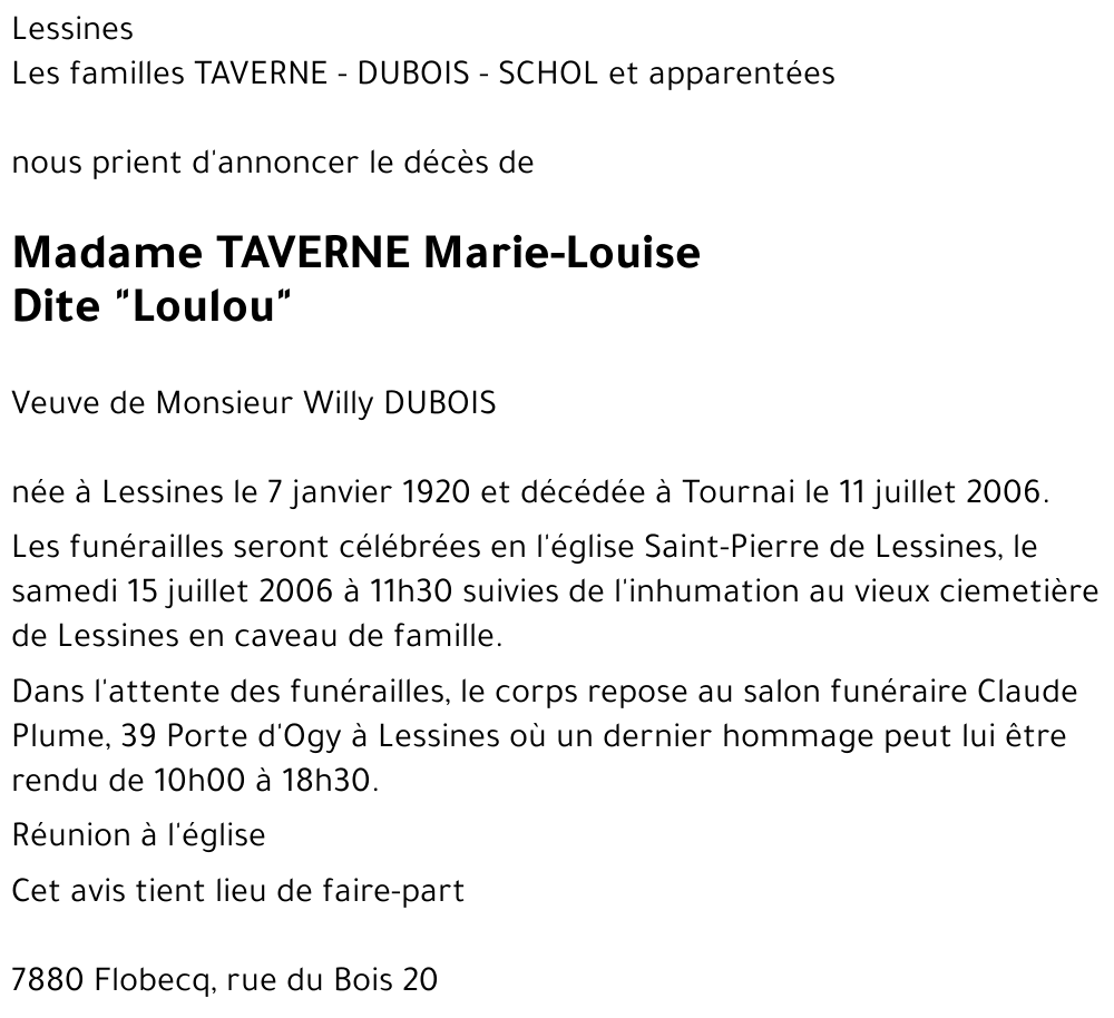 TAVERNE Marie-Louise