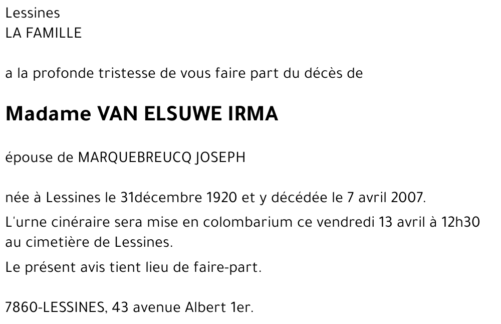 VAN ELSUWE IRMA