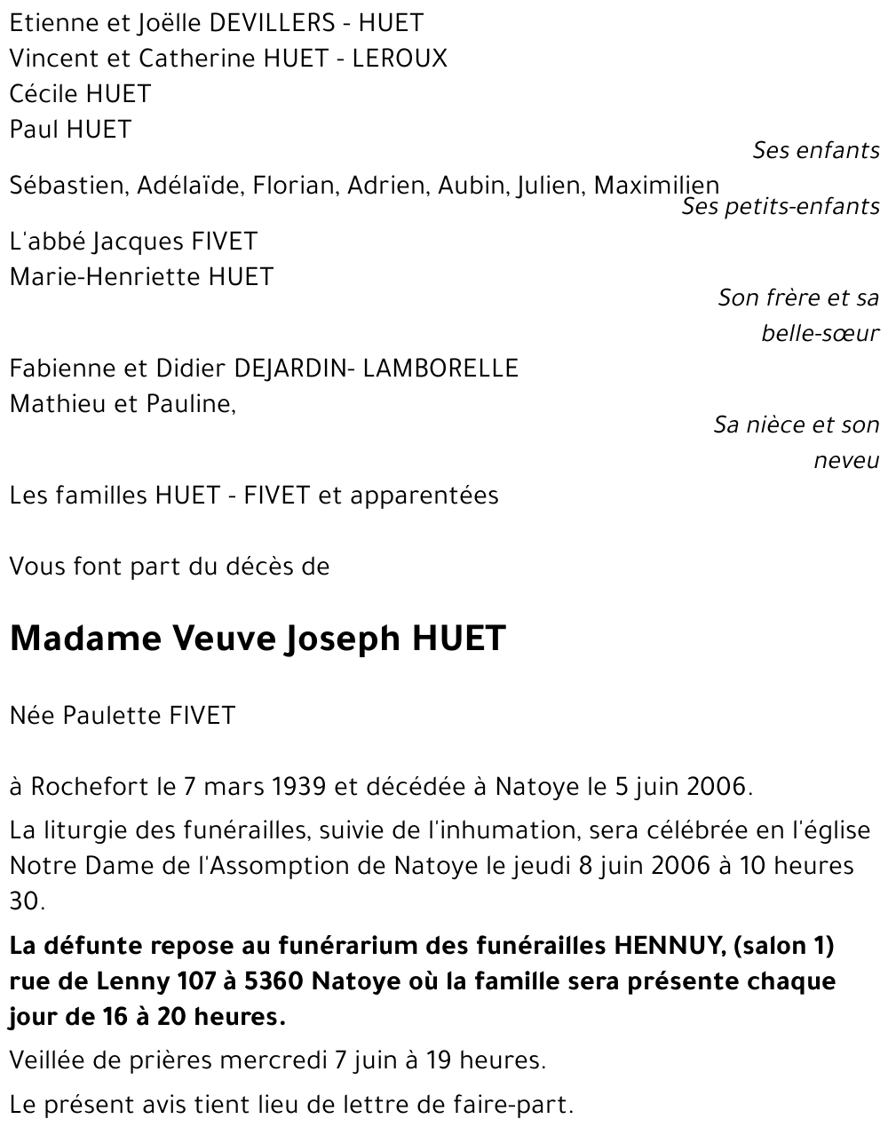 Veuve Joseph HUET