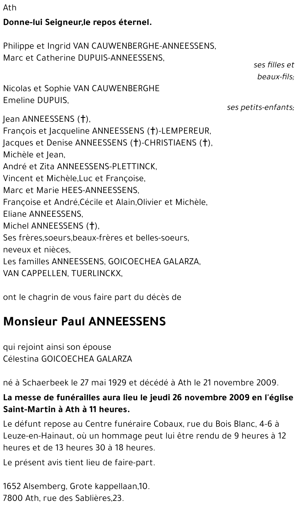 Avis De Décès De Paul Anneessens Décédé Le 21/11/2009 à Ath : Annonce ...