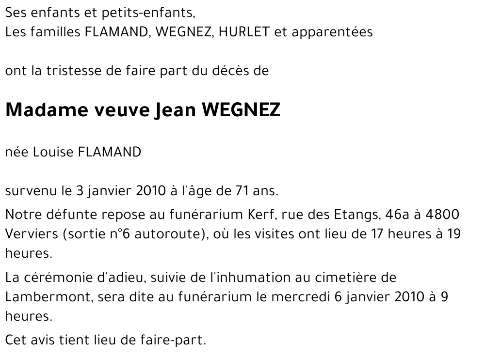 veuve Jean WEGNEZ