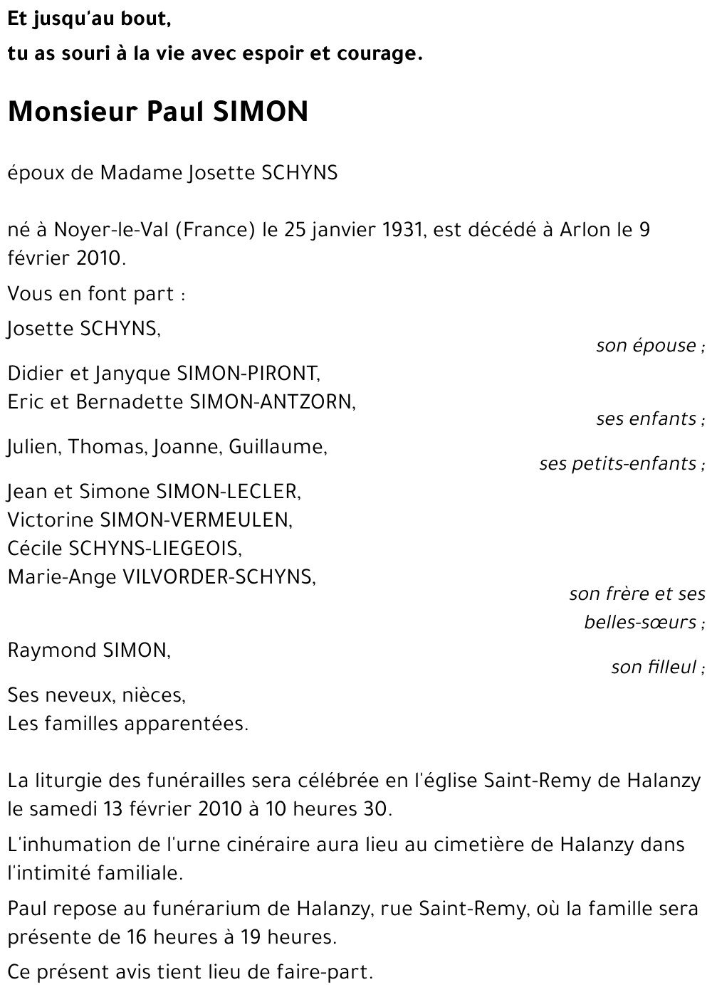 Avis De Décès De Paul Simon Décédé Le 09 02 2010 à Arlon : Annonce 