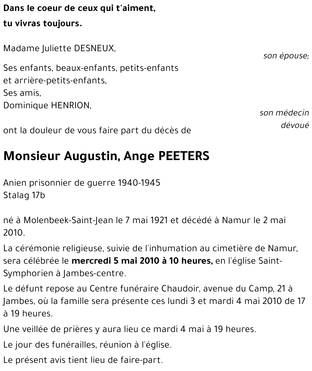 Augustin, Ange PEETERS