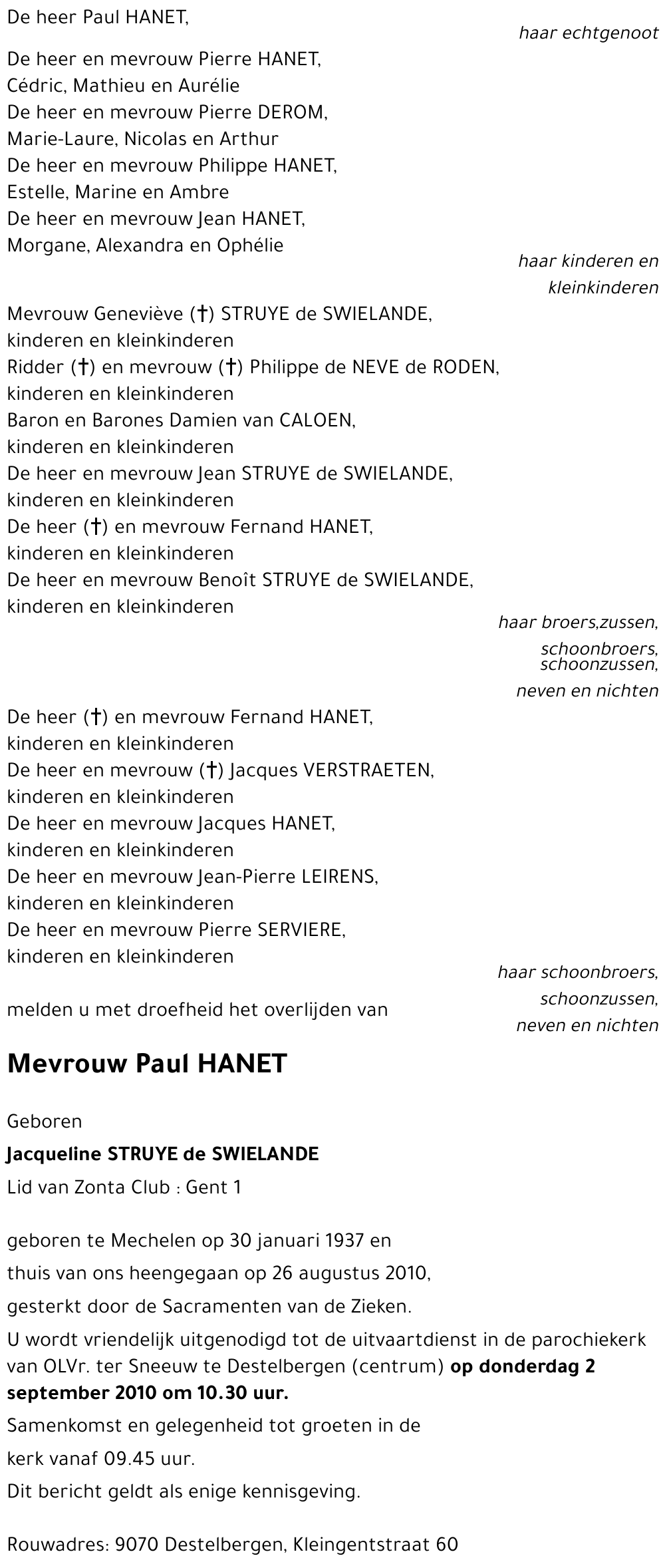 Paul HANET Geboren Jacqueline STRUYE de SWIELANDE