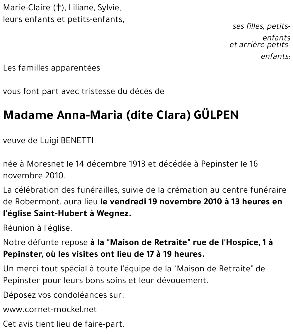 Anne-Marie (dite Clara) GÜLPEN