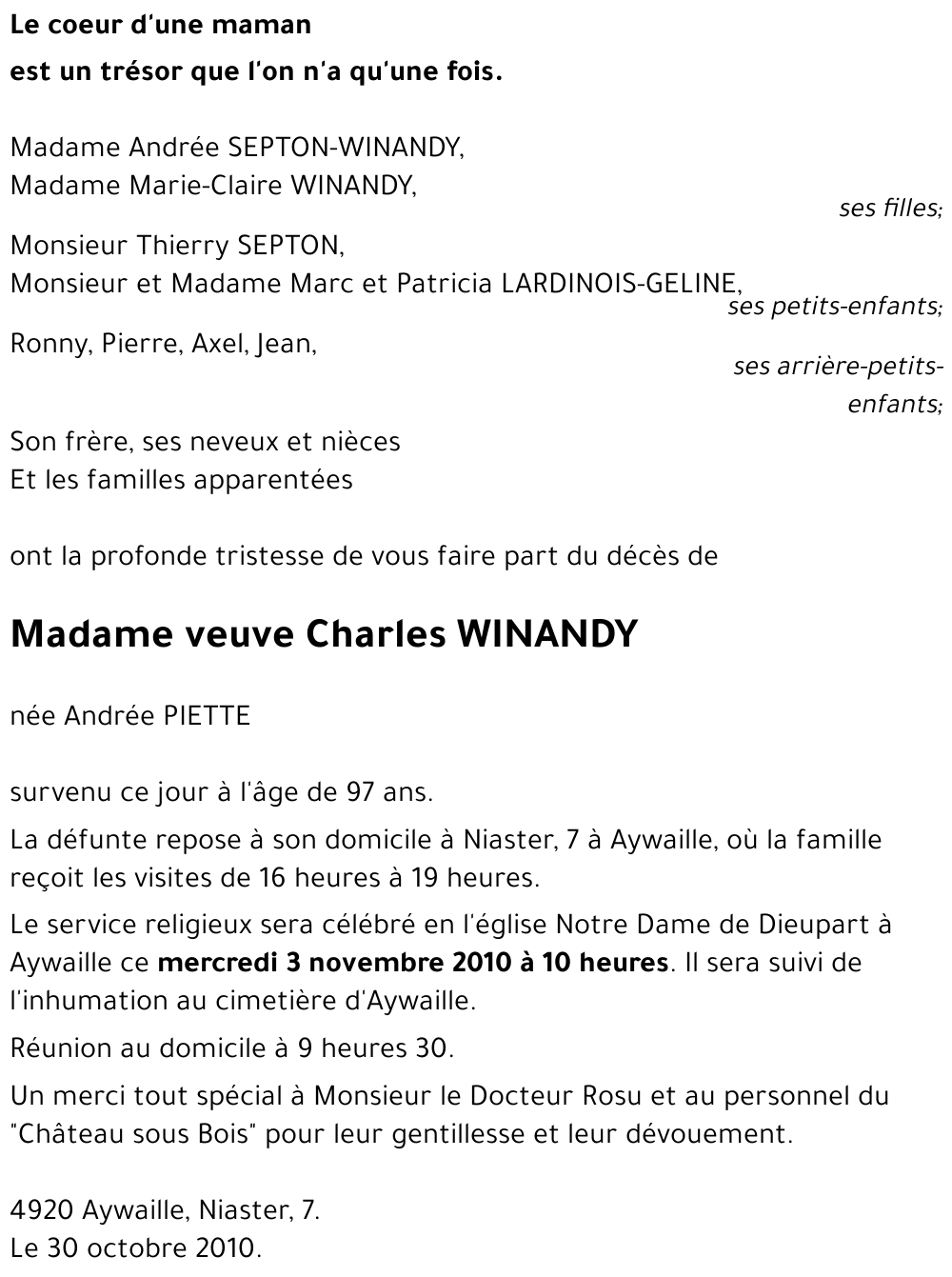 veuve Charles WINANDY