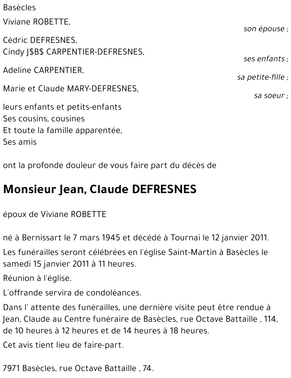 Jean , Claude DEFRESNES