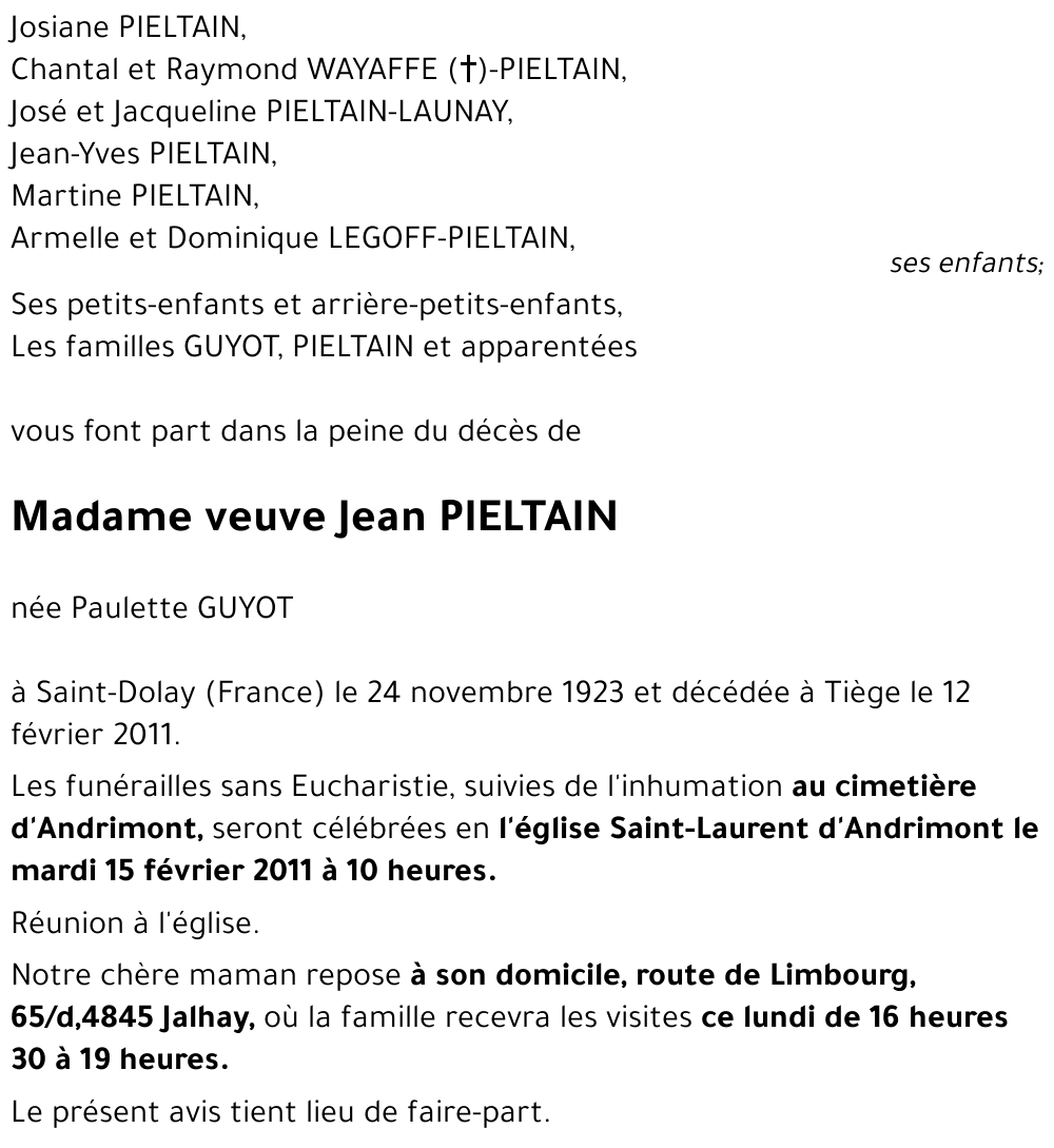 veuve Jean PIELTAIN