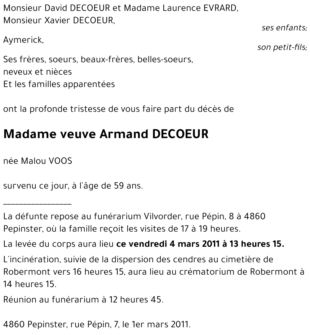 veuve Armand DECOEUR