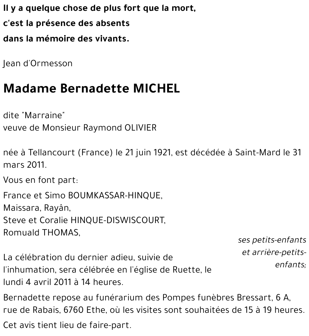 Bernadette MICHEL « dite Marraine »
