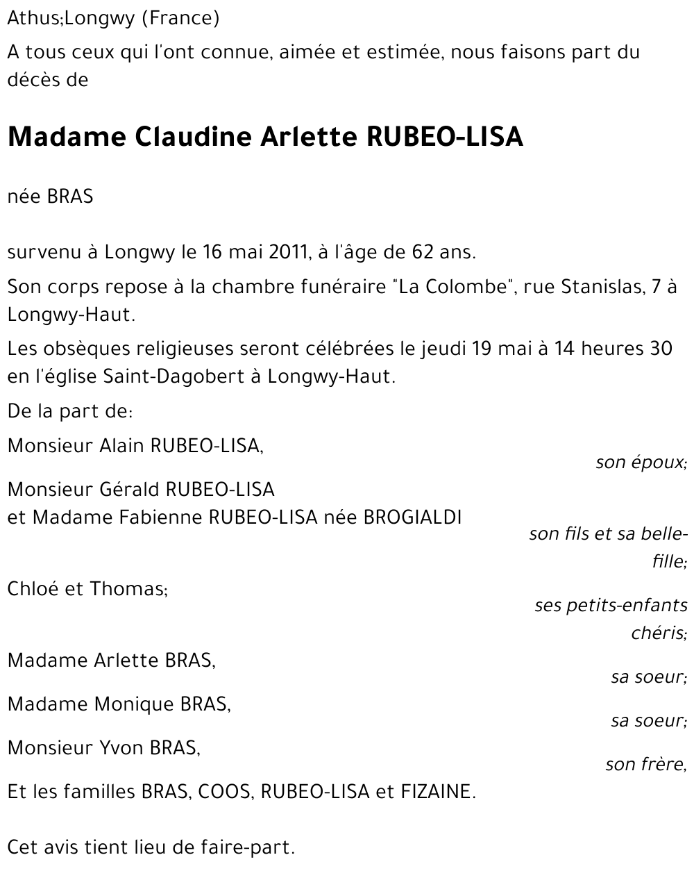 Claudine Arlette RUBEO-LISA