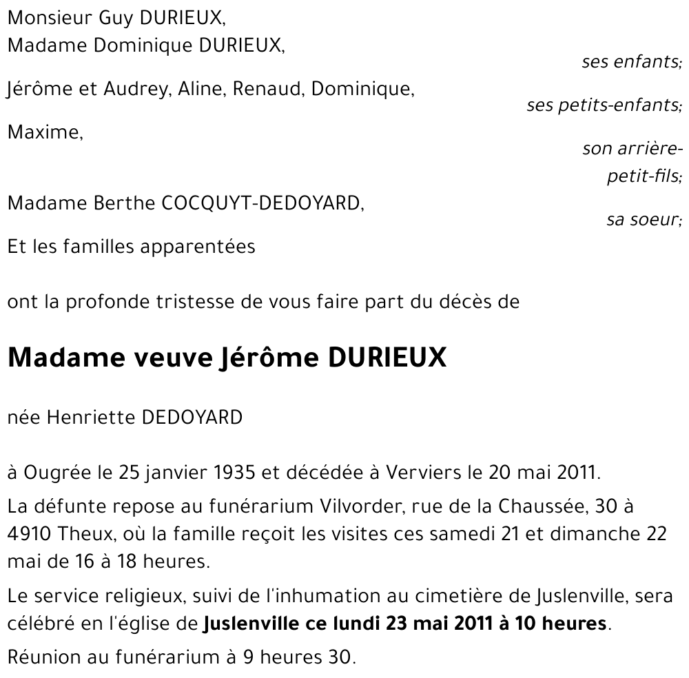 veuve Jérôme DURIEUX