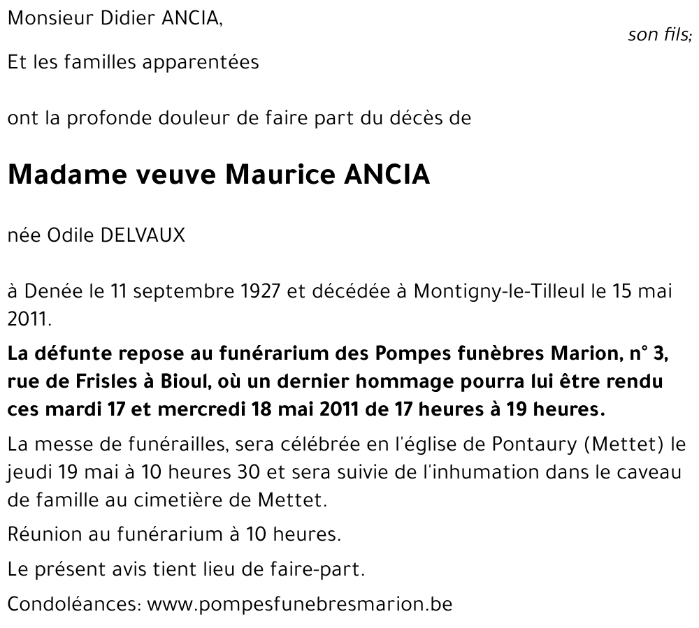 veuve Maurice ANCIA