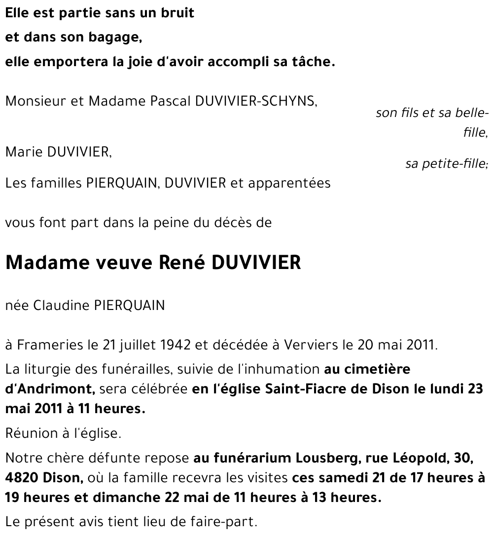 veuve René DUVIVIER