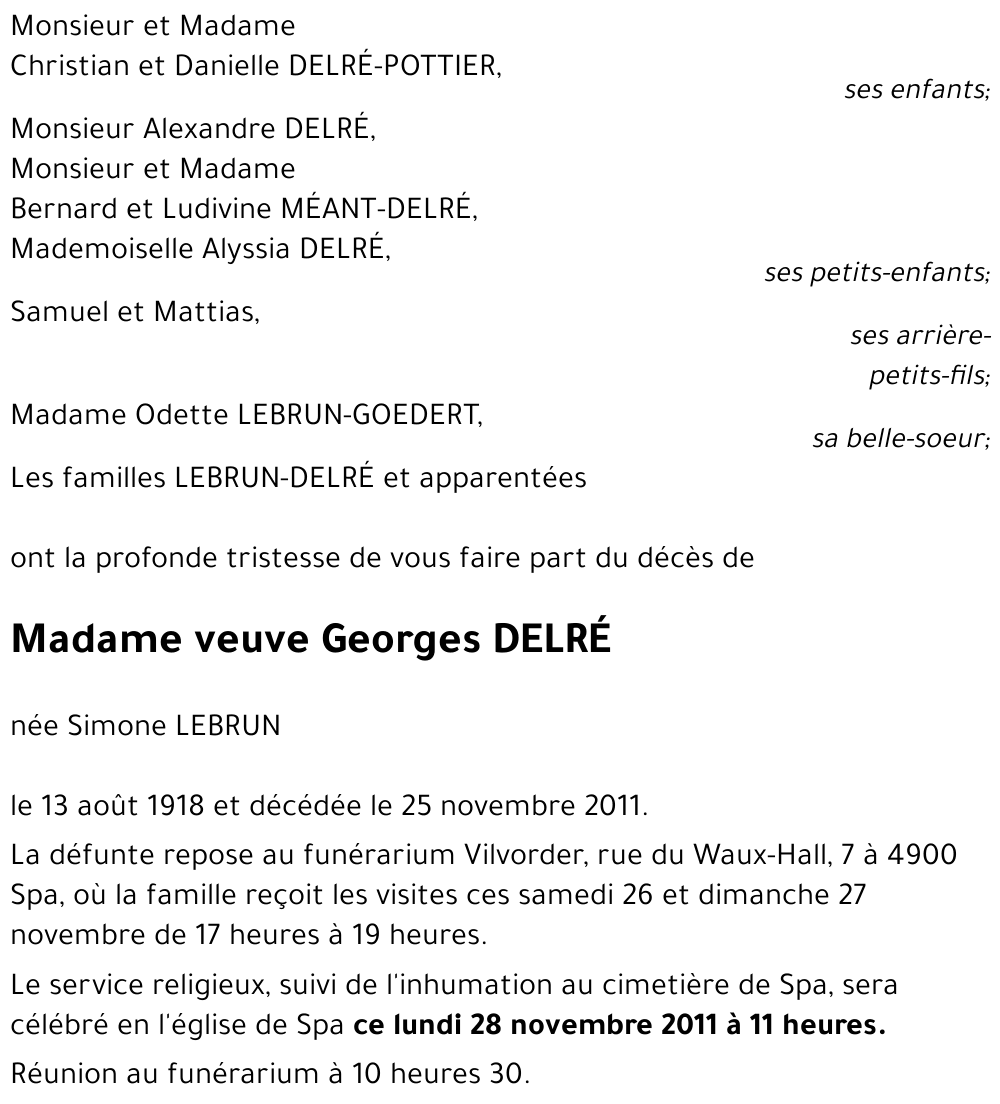 veuve Georges DELRé