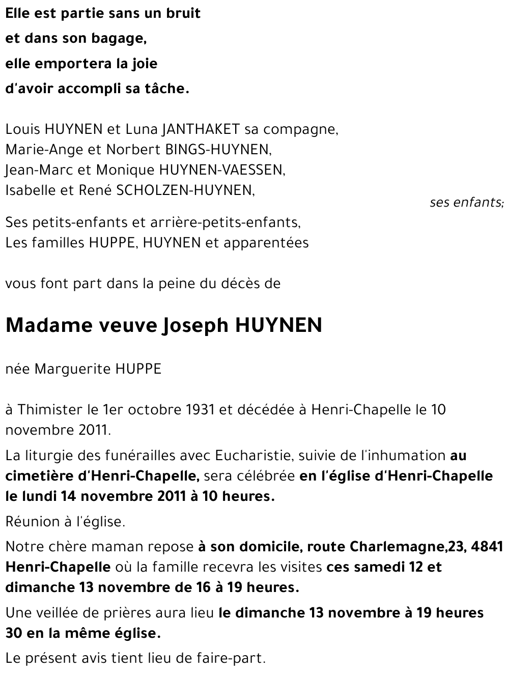 veuve Joseph HUYNEN